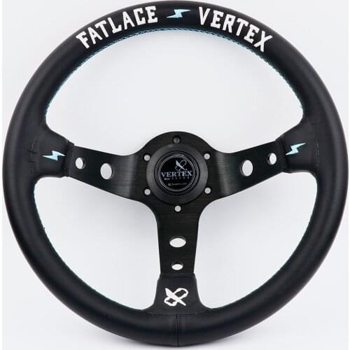 13inch Vertex White Embroidery Black Genuine Leather Drift Sport Steering Wheels With Blue Stitching