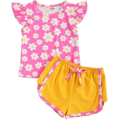 2021 0-6Y Toddler Baby Girl Clothing Cute Pink Flower Print Short Sleeve O Neck Top+Short Pants 2pcs Summer Outfits Set