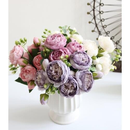 30cm Rose Pink Silk Bouquet Peony Artificial Flowers 5 Big Heads 4 Small Bud Bride Wedding Home Decoration Fake Flowers Faux