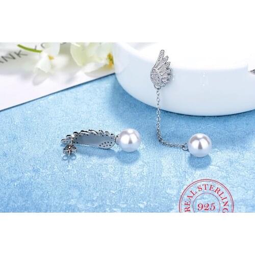 Asymmetric Angel Wings Stud Earrings Long Created Pearl Earring For Women Zirconia 925 sterling silver Angel Wing Jewelry