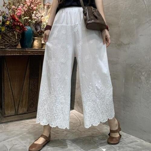 Spring Summer Hollow Cotton Embroidery Wide-Leg Pants Loose Casual Retro Nine-Point Straight Pants 2221 New