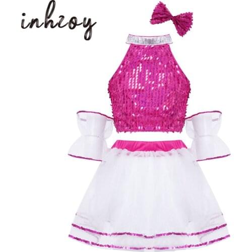 Kids Girls Sleeveless Pink Shiny Sequins Stage Performance Jazz Dance Costume Ballet Tutu Mesh Dress Set