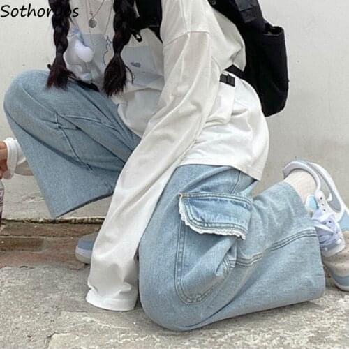 Cargo Denim Jeans Women Baggy Ankle-length Lace Patchwork Trousers Loose Sweet Side Pockets Zipper-fly Leisure Harajuku Bottoms