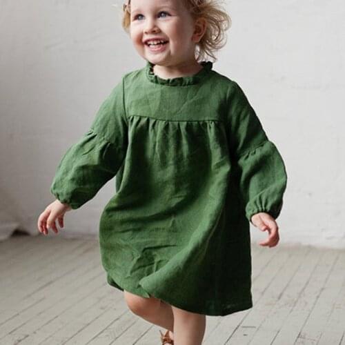 Girls Cotton Linen Dress Autumn Pure Color Long-sleeve Childrens Dress New Girl Clothes Loose Casual Dress 1-5 Years Old