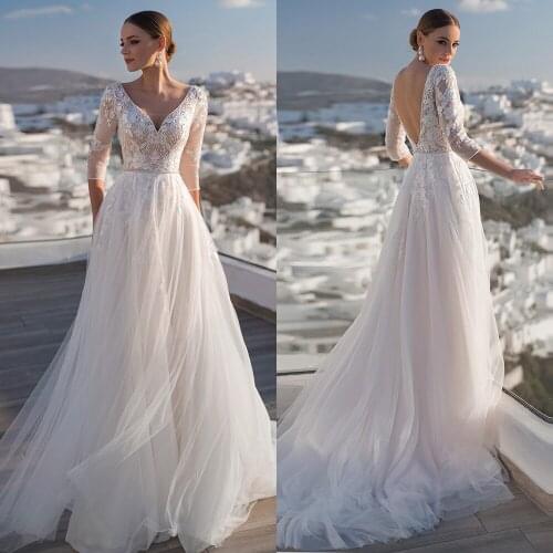 Cover Sweep Zug Backless A-line Bride Dress V-excerpt Shell Applique Bride Dress Beadding Vestido De Noiva Wedding Plate