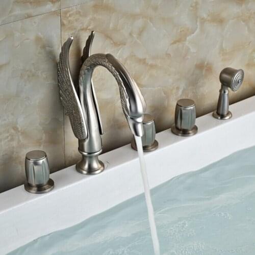 Brushed Nickel Deck Mount Roman Tub Faucet 5pcs Swan Shape Bathtub Filler with Handshower