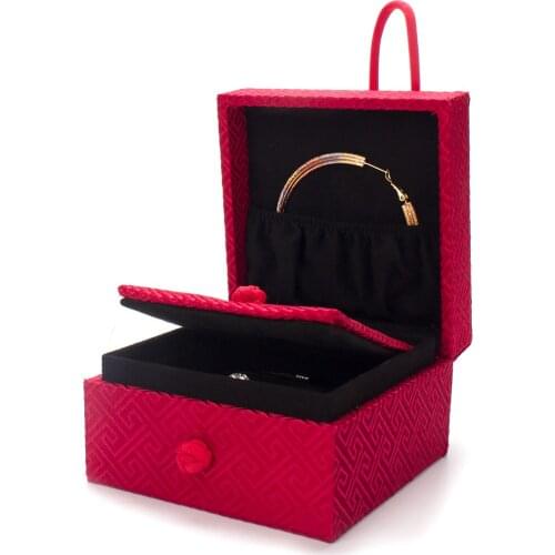 Fashion Wedding Ring Packaging Box Red Brocade Button Jewelry Earring Pendent Storage Case Portable For Women Anniversary Gifts