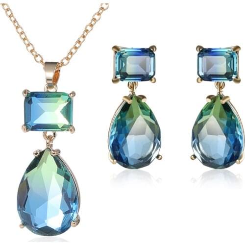 MOONROCY Crystal Earring and Necklace Oval Jewelry Set Rose Gold Color Bohemia Blue Green for Women Gift Dropshipping