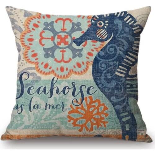 18" Vintage Blue Marine Life Sea Turtle Octopus Decorative Cushion Cover Cotton Linen Seahorse Whale Car Pillow Sofa Pillowcase