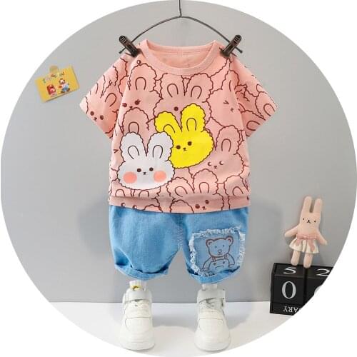 New Summer Fashion Baby Clothes Sets 2 Pcs Cartoon Animal Short Sleeve T-shirt+jeans Baby Boy Clothes Kids Clothes Girls 0-3Y