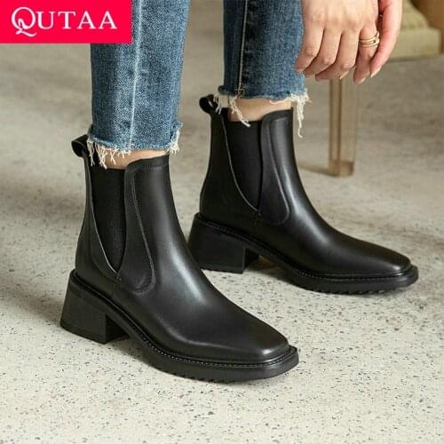 QUTAA 2022 Genuine Leather Casual Cool Motorcycle Boots Winter Female Shoes Round Toe Slip On Women Ankle Boots Big Size 34-39