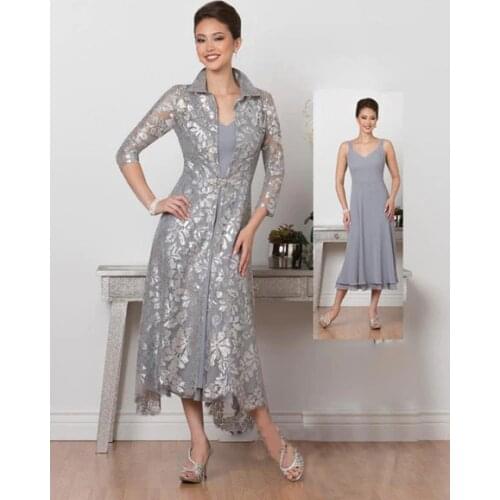 Silver Mother of the Bride Groom Dresses Suit with Long Jacket Vintage 2 Pieces Tea Length Kurti vestido de festa madrinha