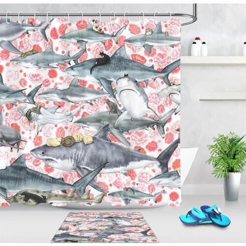 Red Flower Shark Cat Bathroom Shower Curtains Modern Bathroom Decoration Polyester Fabric Waterproof Shower Curtain Washable