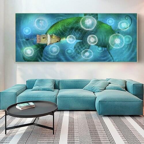 Nordic Underwater World Canvas Painting Abstract Big Fish with Bubbles Wall Art Poster Print for Living Room Bedroom Decoration