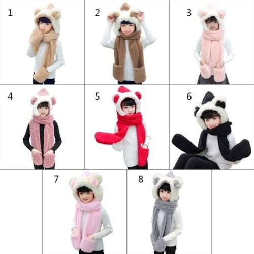 Toddler 3 In 1 Warm Plush Winter Hat Cute Bowknot Bear Ears Kids Scarf Mitten Gloves with Pockets Earflap Hoodie Cap