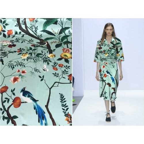 Heavy Silk Fabric Brand Blue and Green Bottom Forest Vine Flower-Bird Print Stretch Silk Satin Clothing Fabric