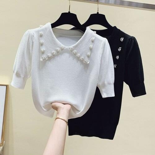 Pearl Beading Knitted T Shirt Tops Women Summer Short Sleeve Turn-down Collar Pullover Sweater Korean Fashion Female T-shirts