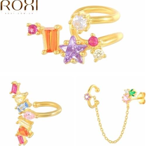 ROXI Rainbow Stone Star Geometry Clip Earrings for Women Girl No Piercing Earrings Cuffs 925 Sterling Silver Pendiente Plata 925