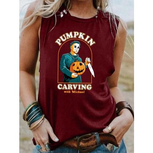 PUMPKIN CARVING Tank top Funny Pumpkin Halloween Gothic Style Sleevele Tee Women casual 90s aesthetic vintage top