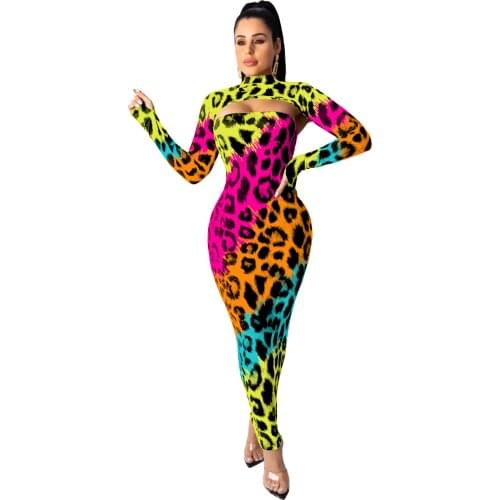 New Autumn Sexy Leopard Print Dresses Women 2 Pieces Suits Turtleneck Long Sleeve Sheath Long Dress Female Elegant Party Vestido