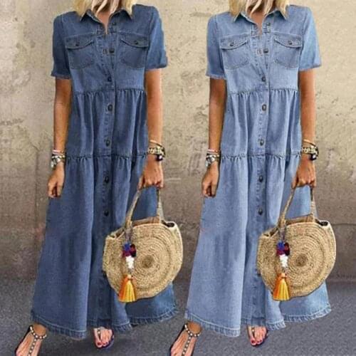 Hot Sales Retro Women Short Sleeve Turn Down Collar Pockets Buttons Long Loose Denim Dress