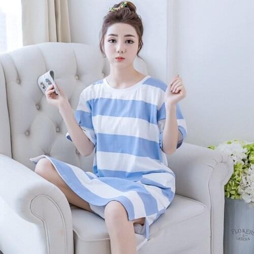 2021 Summer Short Sleeve Cotton Casual Striped Long Dress Nightgown for Women Korean Sleepwear Night Gown Nightdress Home Nighty