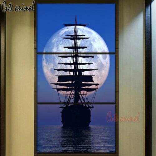 DIY Diamond Painting Sailing Ship Moon Night landscape diamond Embroidery 5d mosaic Diamond needlework cross stitch 3 pcs set