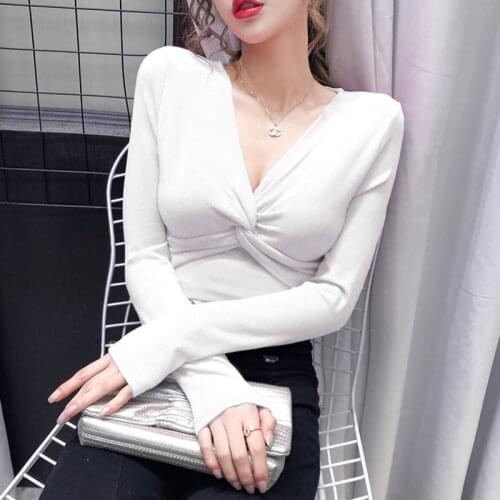 #8589 Black White Blue Yellow Pink Skinny Wrap T Shirt Women Solid Color Basic T Shirt Femme V Neck Cotton Tee Shirt Femme Sexy
