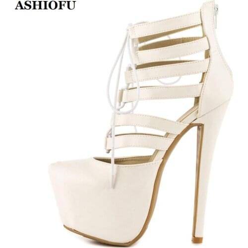 ASHIOFU New Style Handmade Ladies Sky-heel Pumps Shoelace Sexy Platform Party Prom Shoes Plus Size Evening Fashion Court Shoes