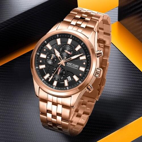 Watch Men Top Luxury Brand MEGIR Rose Gold Sport Waterproof Quartz Watches Mens Chronograph Date Male Clock Relogios Masculino