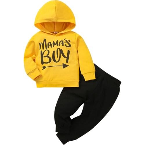 Baby Suit Set Letter Print Long Sleeve Hooded Tops+ Solid Color Long Pants for Toddler Boys 3-24 Months