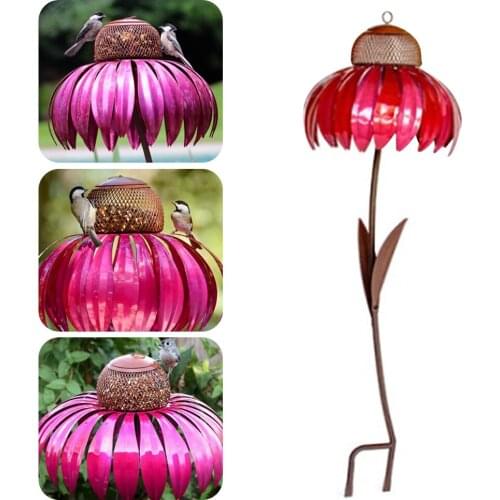 Bird Feeders Sensation Pink Coneflower Outside Rust Resistant Garden Decration Art Metal Pet With Stand Decoration
