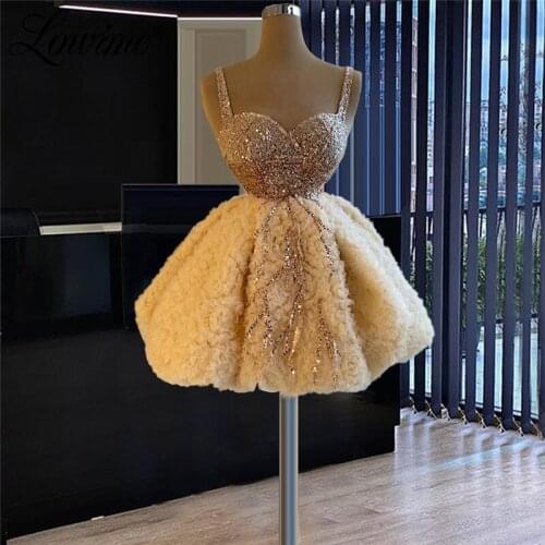 Short Party Dresses 2021 Vestidos Formales A Line Evening Gowns Sequins Saudi Arabia Champagne Dubai Kaftans Prom Dress Robes