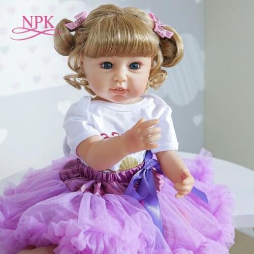 NPK 55CM bebe doll reborn toddler baby girl doll in purple dress full body soft silicone bath toy Birthday Gift for Children