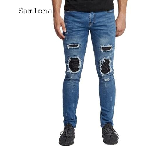 Samlona Mens Sexy Jeans Casual skinny Hole Ripped Denim Pants Fashion 2020 European and American style Punk Hip Hop Trousers
