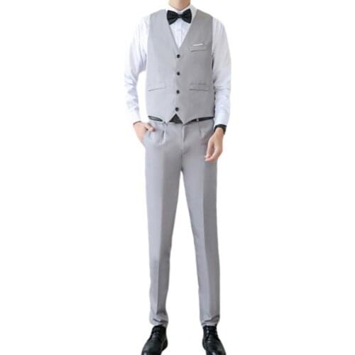 Business Suit Set V Neck Formal Men Solid Color Buttons Vest Shirt Pants for Wedding 3-Piece Suits Slim- Fit Best Suit For Men