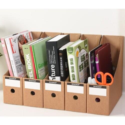 R2JA Set of 5 Foldable Magazine File Holder Kraft Paper Magazine File Holder Desk Storage Organizer with Blank Label Stickers