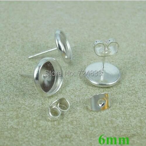 6mm Silver tone Blank Earrings Bases Round Bezel tray Stud Pin Earrings Post w/ Stopper Earring Settings Findings Wholesale