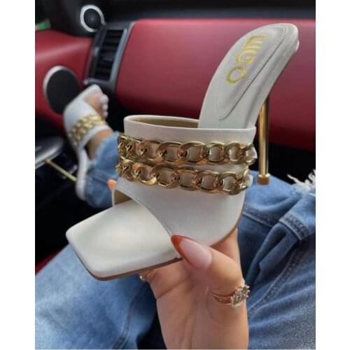 Summer Women Fashion Sandals Pu Leather Metal Chain Decoration Thin High Heel Peep Toe Modern Shoes Ladies Wedding Dress Elegant