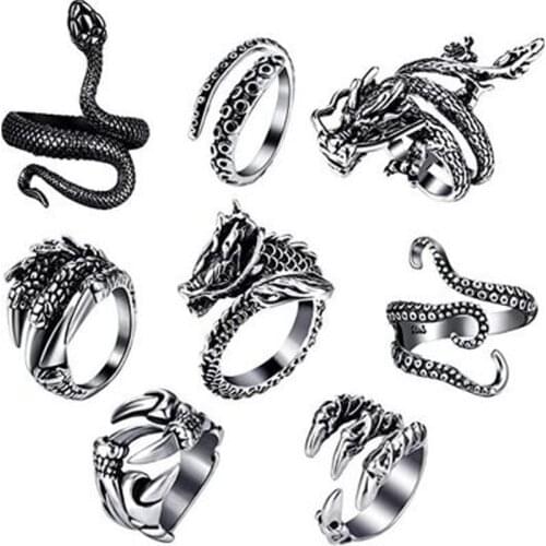 6/8/12 Pcs Vintage snake animal Open Ring Butterfly Mood Ring Vintage Snake Animal Open Ring Crying Face Dragon Claw RingsHip