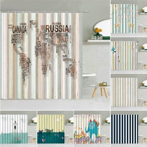 Cartoon World Map Striped Shower Curtain Deer Flower Elephant Shark Bear kids Bathroom Decor Waterproof Fabric Hooks Curtains