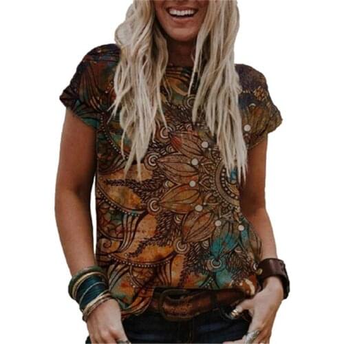 New 2021 Summer Vintage Flower Print Womens T-shirt Casual Short Sleeve Fashion Female Tee Top Loose Streetwear S-3XL Plus Size