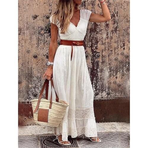 Womens Clothing 2021 Summer Fashion V-neck Vintage Party Dress Female White Lace Elegant Maxi Dresses Casual Beach Long Dress