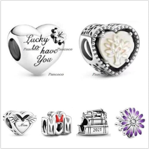 Authentic 925 Sterling Silver Openwork Heart & Family Tree Charm Beads Fit Women Pandora Bracelet & Necklace Jewelry