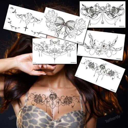 Womens tattoos sexy breast underboob sternum temporary tattoo for women girls body tattoo big black henna lace flowers jewelry