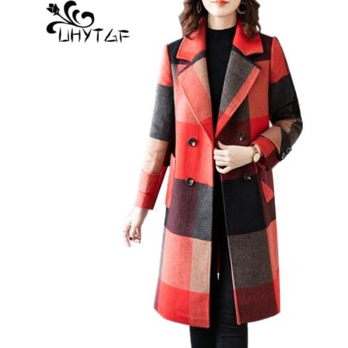 UHYTGF Woolen women coat winter warm jacket fashion Woolen 3XL Plus size Korean women lattice outerwear Women winter jacket X722