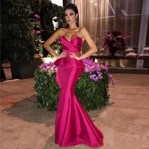 Fuchsia Long 2021 Mermaid Pink Evening Dresses Sweetheart Formal Zipper Back Prom Gowns Maid Of Honor Dress Robe De Soiree