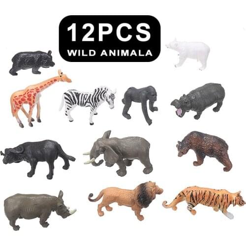12pcs Children Simulation Wild Animals Model Zoo Tiger Leopard Rhinoceros Giraffe Zebra Hippo Model Education Kids Toys