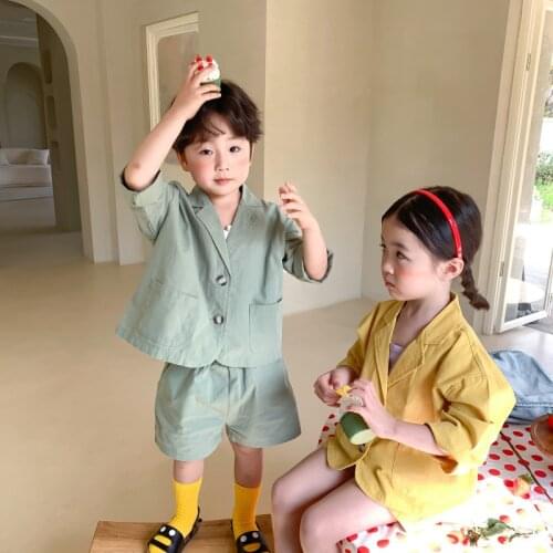 2-8 Years Toddler Kids Clothing Set Summ New Baby Fashion Blazer Suits Korean Solid Blazer Coat Loose Shorts 2pcs for Boys Girls