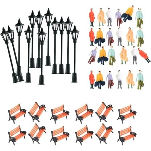48pcs 1:75-87 Scale Model Miniature People Person Figures Toy Lamppost Lights Garden Chair For Railway Model Train Scenery